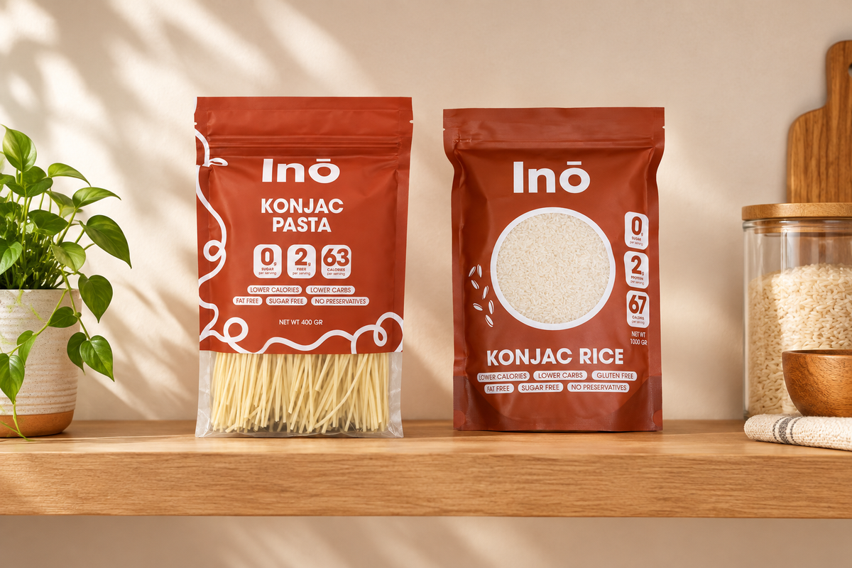 Konjac pasta and rice on a kitchen shelf